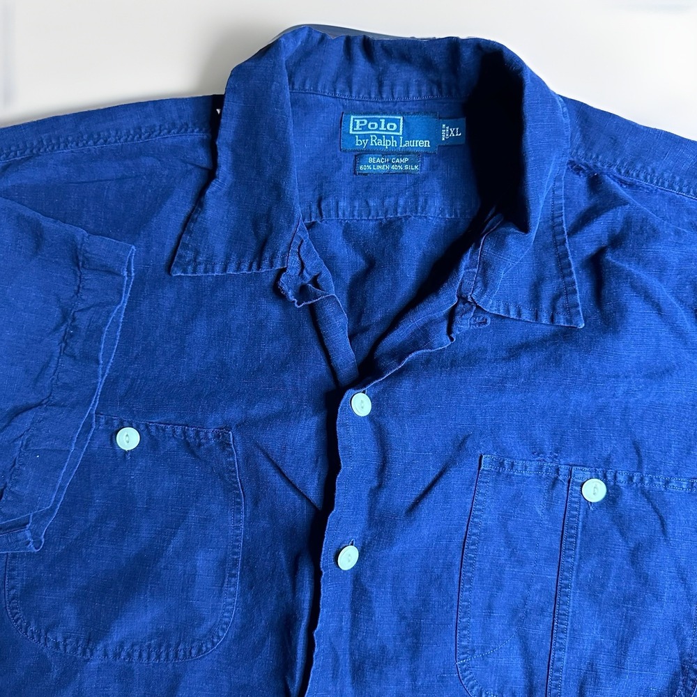 Vintage Polo Ralph Lauren Beach Camp Shirt Mens XL Navy Blue Silk Linen READ